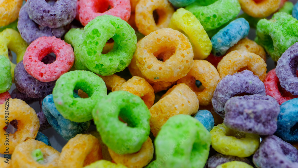 Colorful fruit sugary corn cereal rings. Highly detailed macro close up shot of this nutritious and delicious breakfast and snack favorite. 