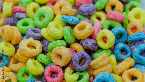Colorful fruit sugary corn cereal rings. Highly detailed macro close up shot of this nutritious and delicious breakfast and snack favorite. 