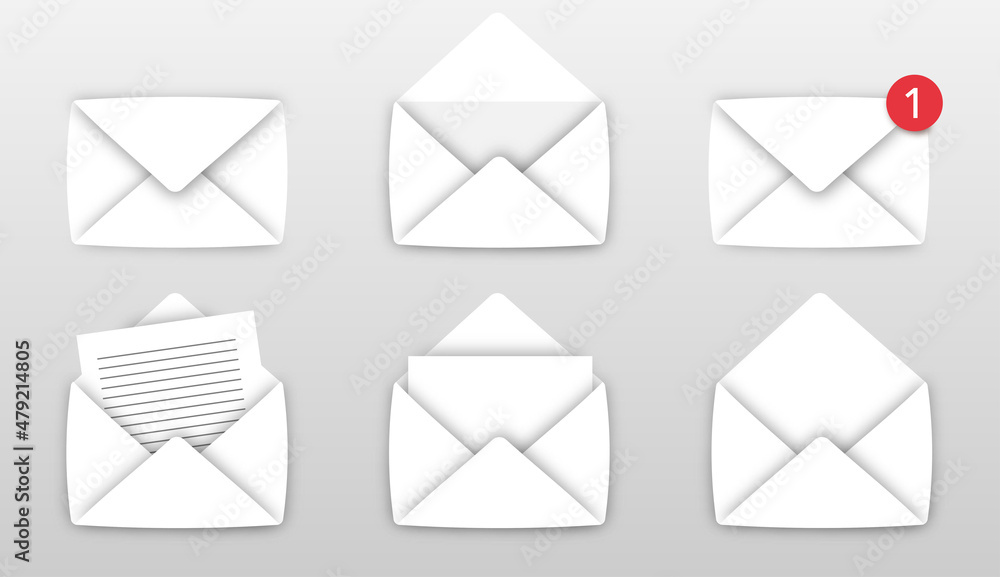 Set of white envelopes icons. Open and close letter on gray background.