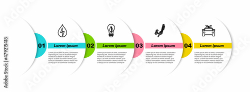 Set line Water energy, Light bulb with leaf, Signature and Eco car concept drive. Business infographic template. Vector