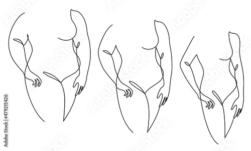 Collection. Silhouette of a figure of a beautiful woman in a modern one-line continuous line style. The girl is thin, slender, and the woman is fat. The lady is standing. Set of vector illustrations.