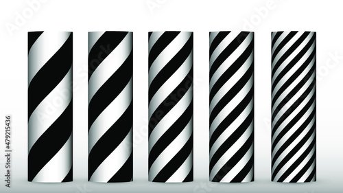 Black and white vector illustration of a set of 5 spiral striped cylinders with different stripes dimensions. 