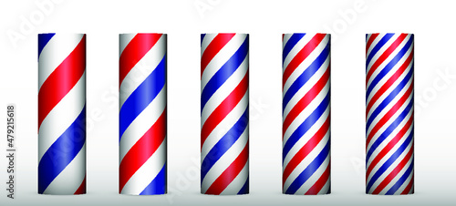 Black and white vector illustration of a set of 5 red and blue colored spiral striped cylinders with different stripes dimensions.