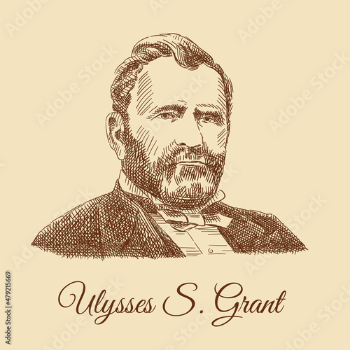 Sketch portrait of Ulysses S. Grant from a 50$ banknote. Engraving portrait of the President of America. Portrait of a man in an antique suit. Vintage brown and beige card, hand-drawn, vector.