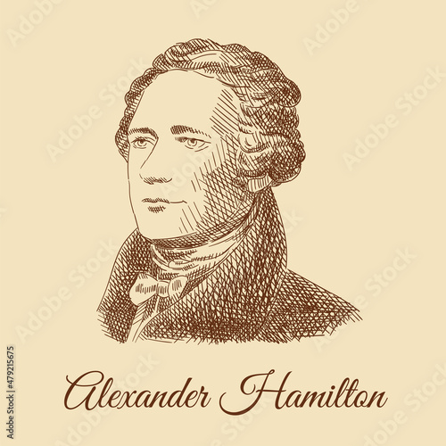 Sketch portrait of Alexander Hamilton from a 10$ banknote. Engraving portrait of the President of America. Portrait of a man in an antique suit. Vintage brown and beige card, hand-drawn, vector. photo