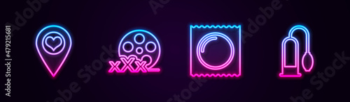 Set line Location with heart, Film reel Sex, Condom in package and Penis pump. Glowing neon icon. Vector