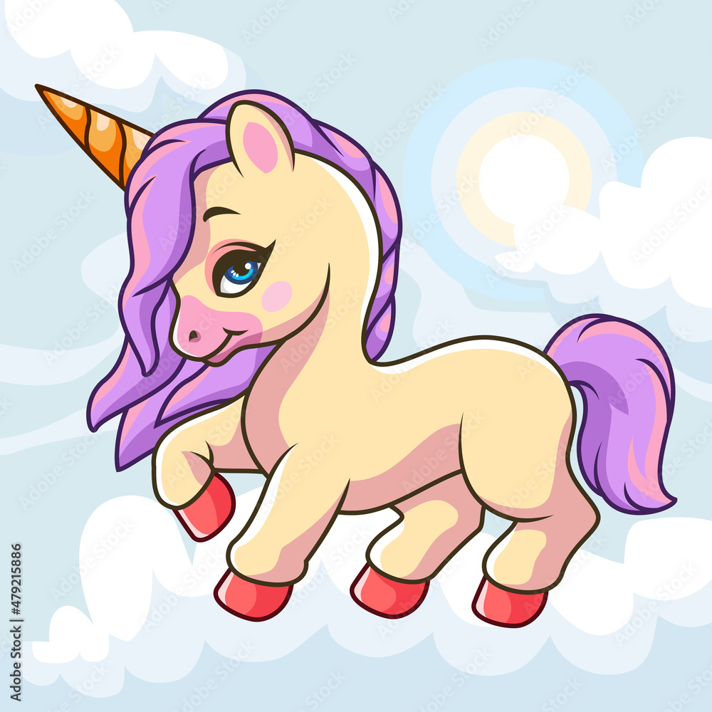 Cartoon cute unicorn mascot isolated with cloud view