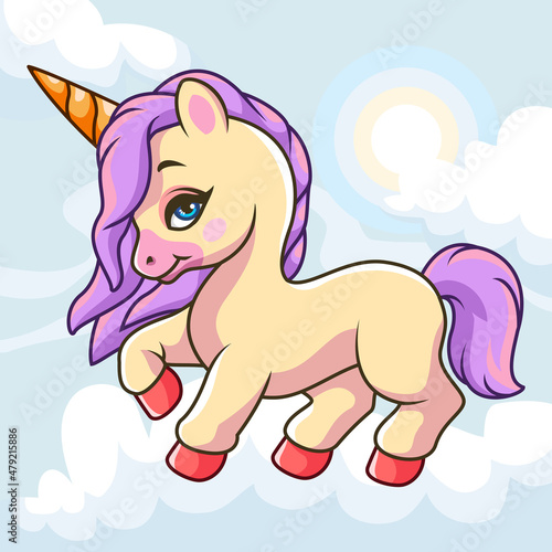 Cartoon cute unicorn mascot isolated with cloud view