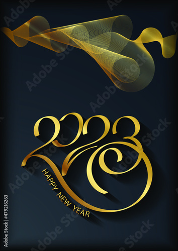 2023 New Year Abstract shiny color gold wave design element. Vector illustration. Happy New Year background, banner, cower, card.