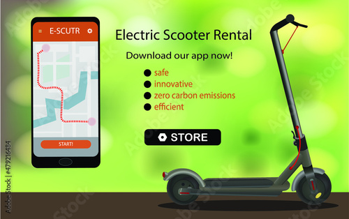 electric scooter rental mobile application concept, smartphone with online map against the blurred nature background. Vector illustration