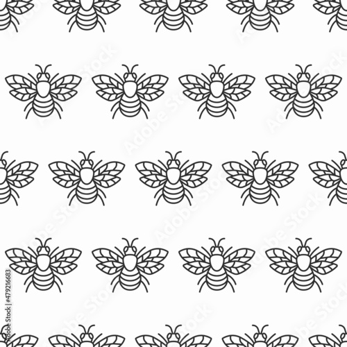 Bee flat line seamless pattern. Vector illustration.