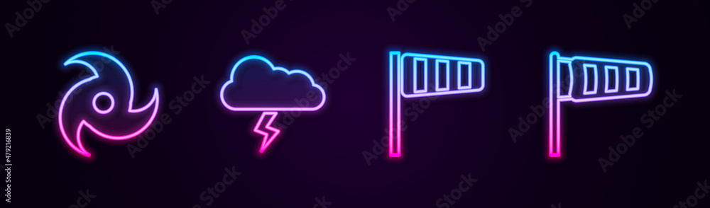 Set line Tornado, Storm, Cone windsock wind vane and meteorology. Glowing neon icon. Vector Set line Tornado, Storm, Cone windsock wind vane and meteorology. Glowing neon icon. Vector