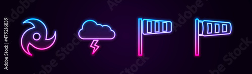 Set line Tornado, Storm, Cone windsock wind vane and meteorology. Glowing neon icon. Vector