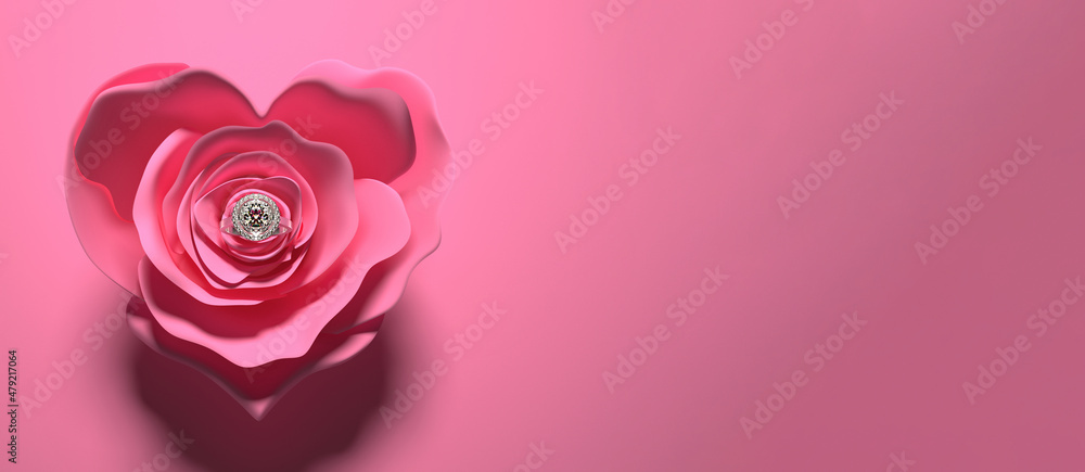 A white gold engagement ring with diamonds lying in the middle of a rose flower with heart-shaped petals. Elegant wedding background. 3D render illustration. A white gold engagement ring with diamonds lying in the middle of a rose flower with heart-shaped petals. Elegant wedding background. 3D render illustration.