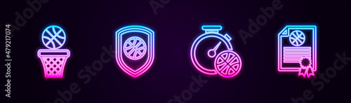 Set line Basketball ball and basket  Shield in the basketball  Stopwatch with and Certificate award. Glowing neon icon. Vector
