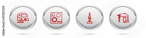 Set line Electric jigsaw, Gas stove, Vacuum cleaner and Rotary hammer drill machine. Silver circle button. Vector