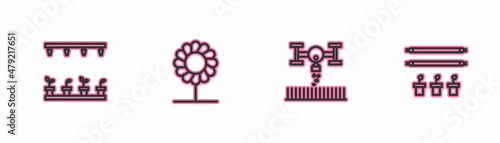 Set line Automatic irrigation sprinklers, Smart farm with drone, Flower and bulb and plant icon. Vector