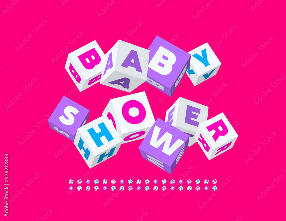 Vector cute card Baby Shower with playful Cubic Font. Unique set of 3D Alphabet Letters and Numbers Vector cute card Baby Shower with playful Cubic Font. Unique set of 3D Alphabet Letters and Numbers
