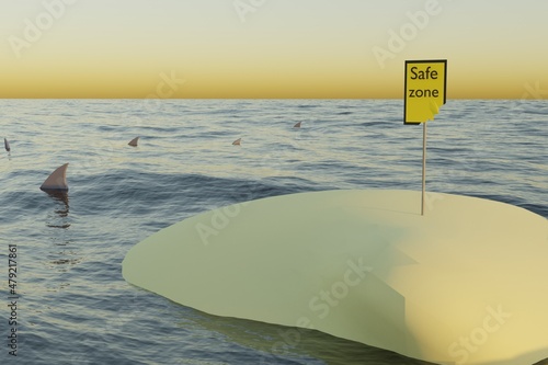 3d render of a small island surrounded by sharks and a safety zone sign on the island that says 