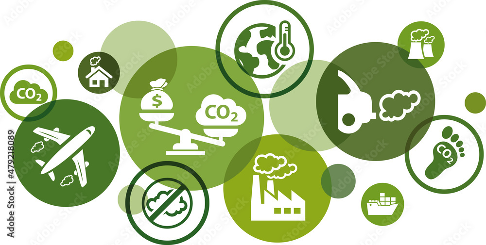 CO2 carbon emission vector illustration. Green concept with no people and icons related to global warming, carbon reduction strategy, co2 pricing, tax or permit, emissions trading. CO2 carbon emission vector illustration. Green concept with no people and icons related to global warming, carbon reduction strategy, co2 pricing, tax or permit, emissions trading.