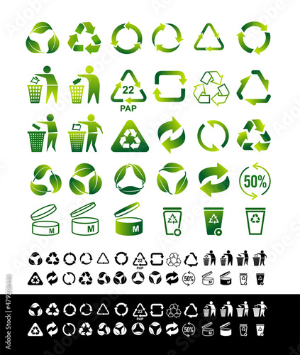 Set of vector symbols and signs for design of packaging products. Information about the goods being transported and a sign of recycling. Collection green symbols. Recycle and some packaging sign.