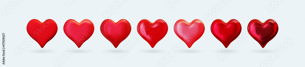 Set of red hearts different matte and glossy. Illustration with a red valentines heart. Realistic vector Illustration. Isolated on white background.