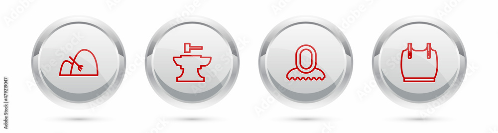 Set line Bale of hay and rake, Anvil for blacksmithing hammer, Medieval hood and Body armor. Silver circle button. Vector Set line Bale of hay and rake, Anvil for blacksmithing hammer, Medieval hood and Body armor. Silver circle button. Vector