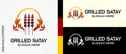 satay logo design template with fire element concept in circle. creative vector logo illustration.