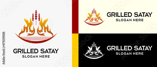 satay logo design template with fire and grill element concept. creative vector logo illustration.