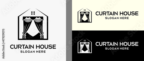 curtain logo design template with silhouette in house icon. creative vector logo illustration.