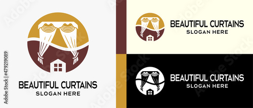 curtain logo design template with silhouette and house icon in circle. creative vector logo illustration.