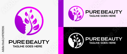 beauty or salon logo design template, woman face with silhouette and leaf icon in pink purple circle. creative vector logo illustration.