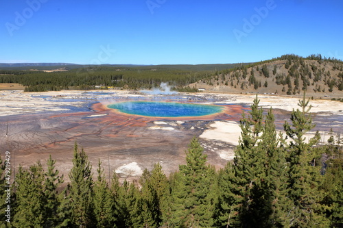 Grand Prismatic Spring and landscape of Yellowstone National Park, Wyoming, USA