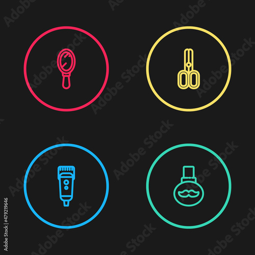 Set line Electrical hair clipper or shaver, Beard and mustaches care oil bottle, Scissors hairdresser and Hand mirror icon. Vector