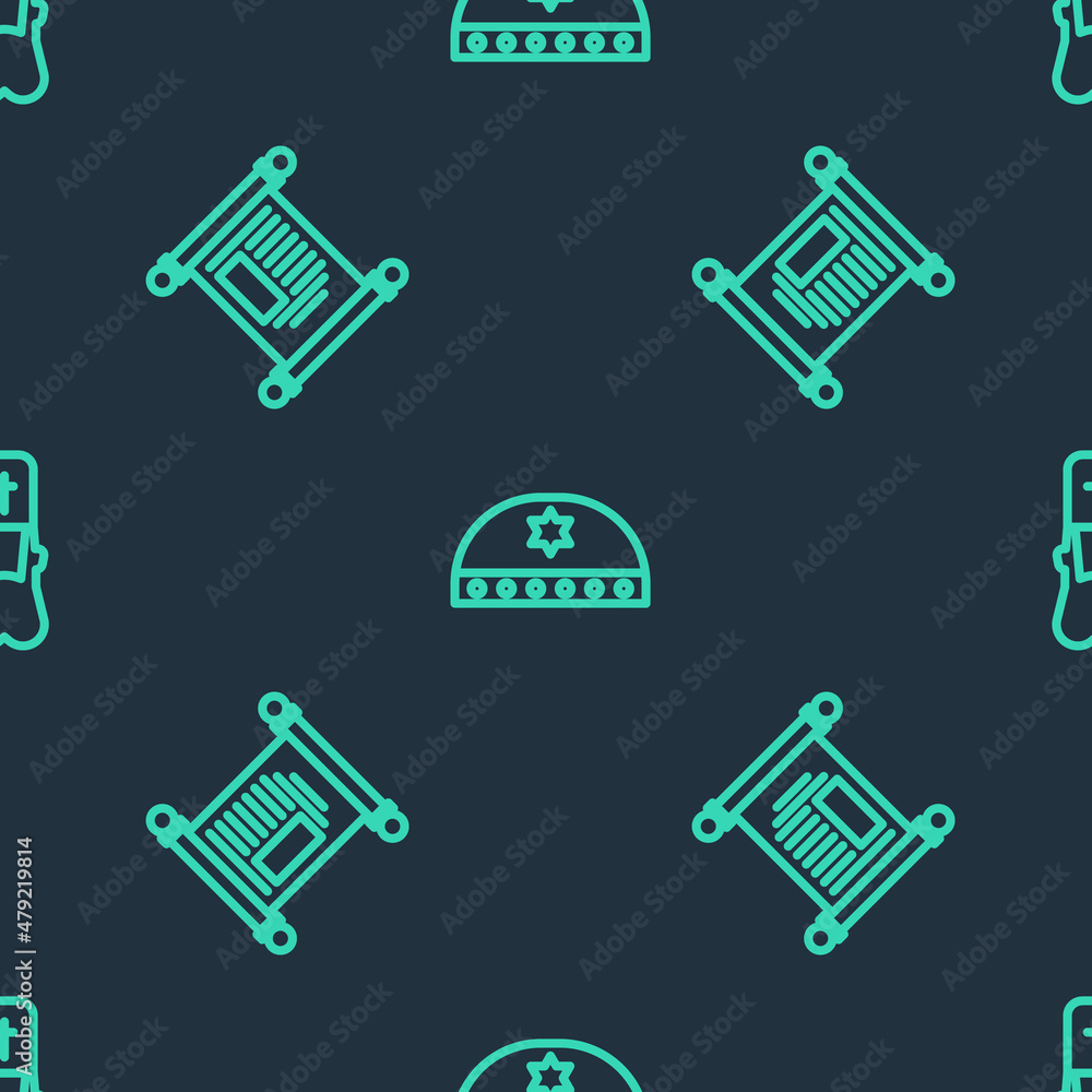 Set line Jewish kippah with star of david, Decree, paper, parchment, scroll and Priest on seamless pattern. Vector Set line Jewish kippah with star of david, Decree, paper, parchment, scroll and Priest on seamless pattern. Vector
