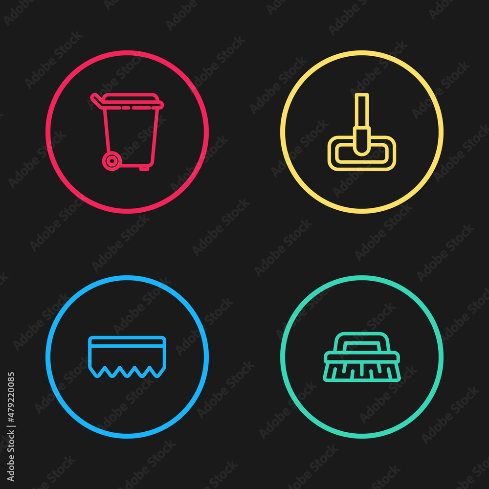 Set line Sponge with bubbles, Brush for cleaning, Mop and Trash can icon. Vector Set line Sponge with bubbles, Brush for cleaning, Mop and Trash can icon. Vector