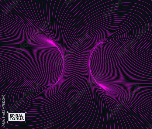 Vector illustration of mobius torus inside view with geometrical hypnotic twisting pink lines on black background.