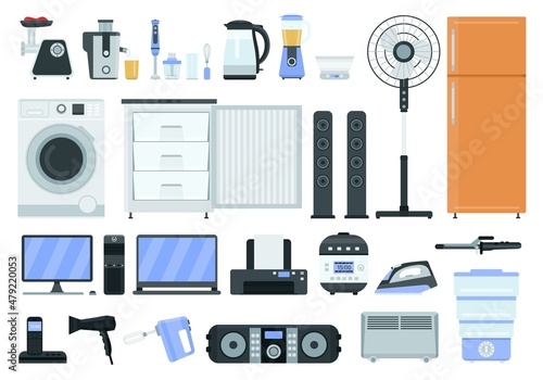 Flat household electric appliances, technology shop icons. Fridge, cooker, iron, washing machine, television, mixer and blender vector set