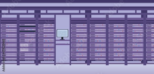 Hosting data center and server system room interior. Flat hardware technology equipment group. Web database physical storage vector scene