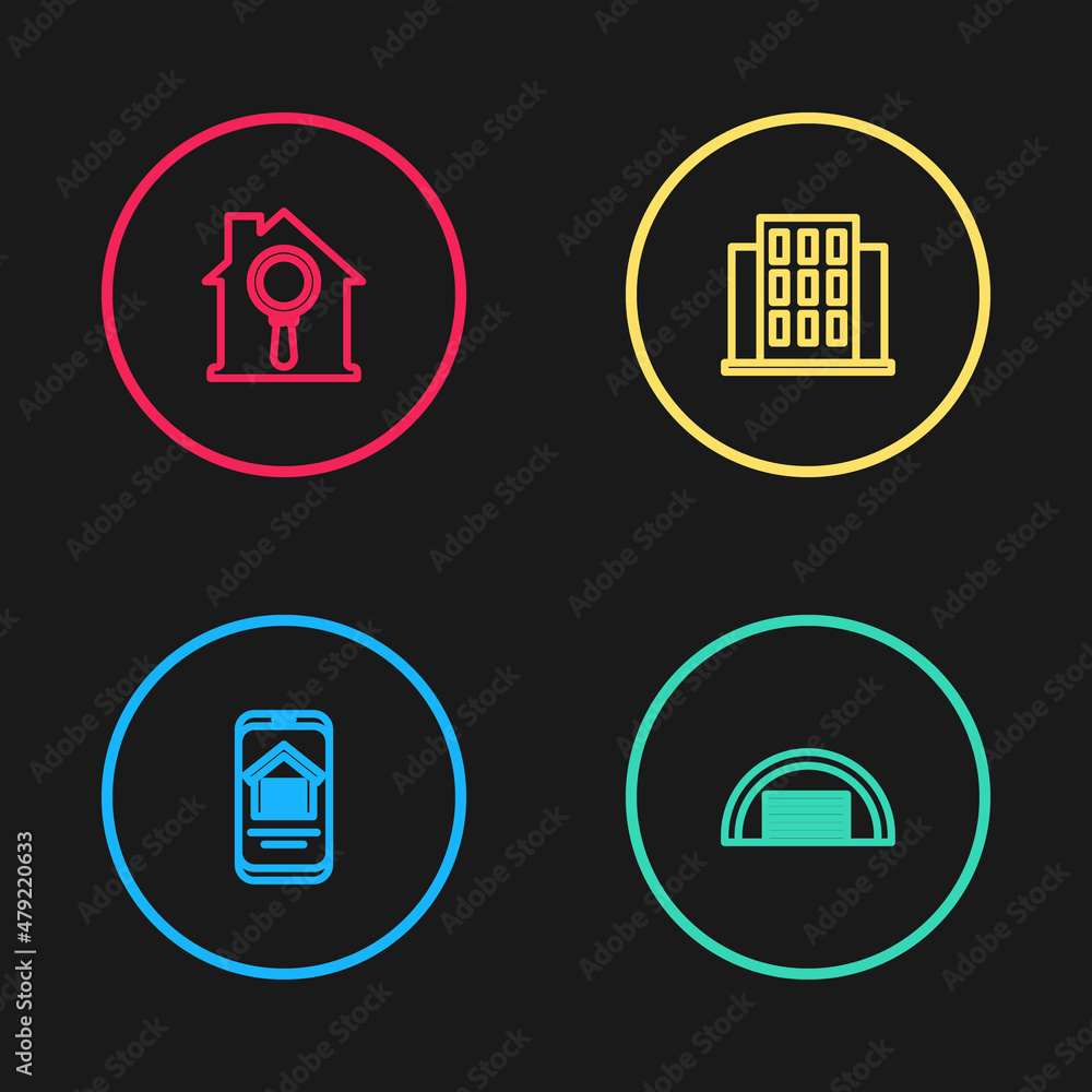 Set line Online real estate house, Garage, House and Search icon. Vector Set line Online real estate house, Garage, House and Search icon. Vector