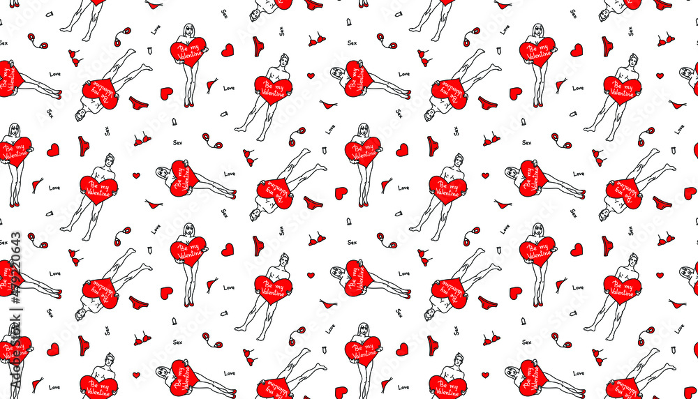 Handdrawn linear black-white-red pattern of a naked man and woman with a heart with the lettering be my valentine. With underwear, handcuffs and condom and sex and love on a transparent background 