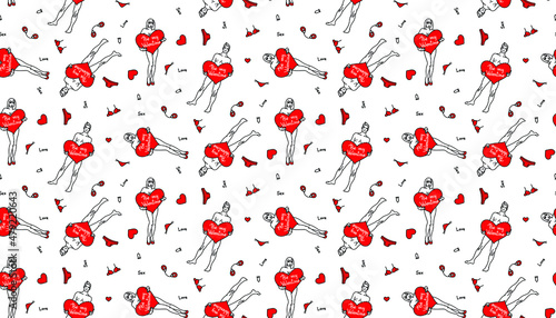 Handdrawn linear black-white-red pattern of a naked man and woman with a heart with the lettering be my valentine. With underwear, handcuffs and condom and sex and love on a transparent background 