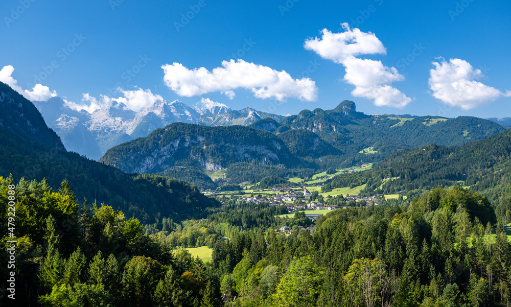 Idyllic summer alpine landscape with a small village and in the background the Loferer Steinberge, Unken, Salzburg, Austria, Europe Idyllic summer alpine landscape with a small village and in the background the Loferer Steinberge, Unken, Salzburg, Austria, Europe