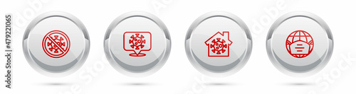 Set line Stop virus, Corona on location, Stay home and Earth with medical mask. Silver circle button. Vector