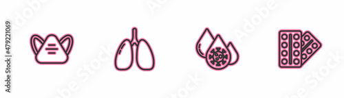 Set line Medical protective mask, Blood test and virus, Lungs and Pills in blister pack icon. Vector