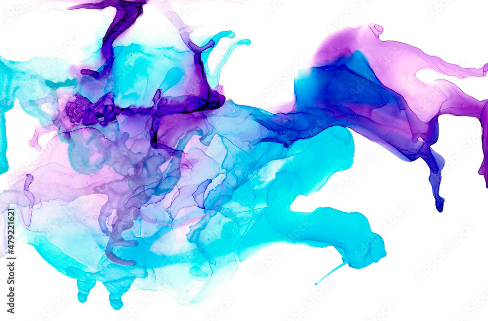 Obraz premium Bright fluffy swirl of wavy bursts. A ball of thin lilac lines on an azure background. Abstract image of cute fabulous animal. Trendy watercolor holiday wallpaper in mauve gradient for Christmas mood.