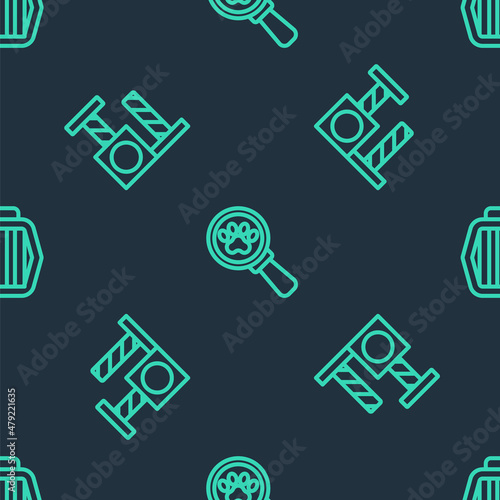 Set line Veterinary clinic, Cat scratching post and Pet carry case on seamless pattern. Vector