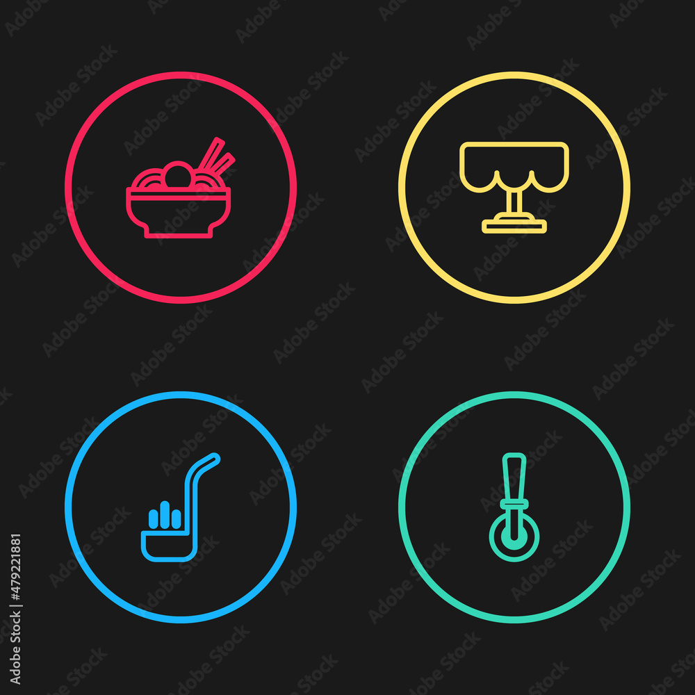 Set line Kitchen ladle, Pizza knife, Wooden table and Asian noodles in bowl icon. Vector Set line Kitchen ladle, Pizza knife, Wooden table and Asian noodles in bowl icon. Vector