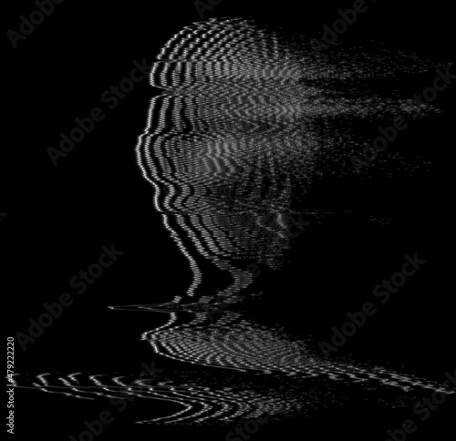 Glitch white line oscillator illustration of a human head from 3D rendering in the style of old TV monitors or VHS tapes isolated on black background. photo