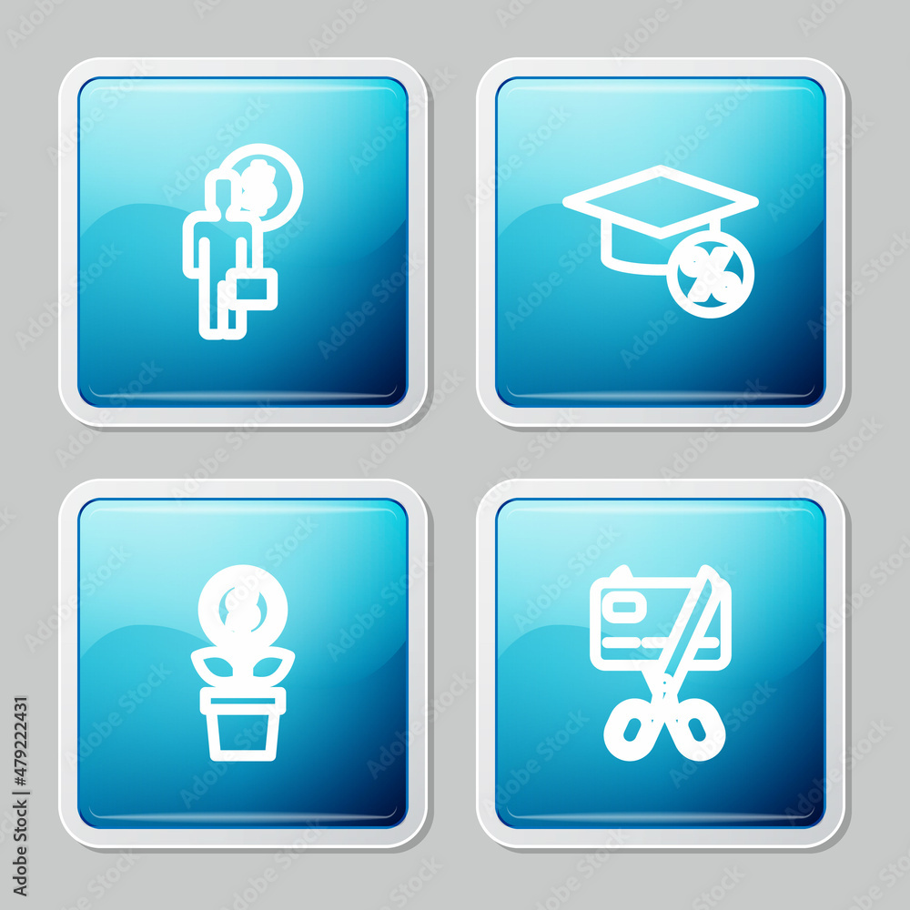 Set line Business man planning mind, Graduation cap and coin, Dollar plant and Scissors cutting credit card icon. Vector Set line Business man planning mind, Graduation cap and coin, Dollar plant and Scissors cutting credit card icon. Vector